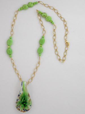 green turquoise necklace Green Pendant and
Beads on Gold Chain